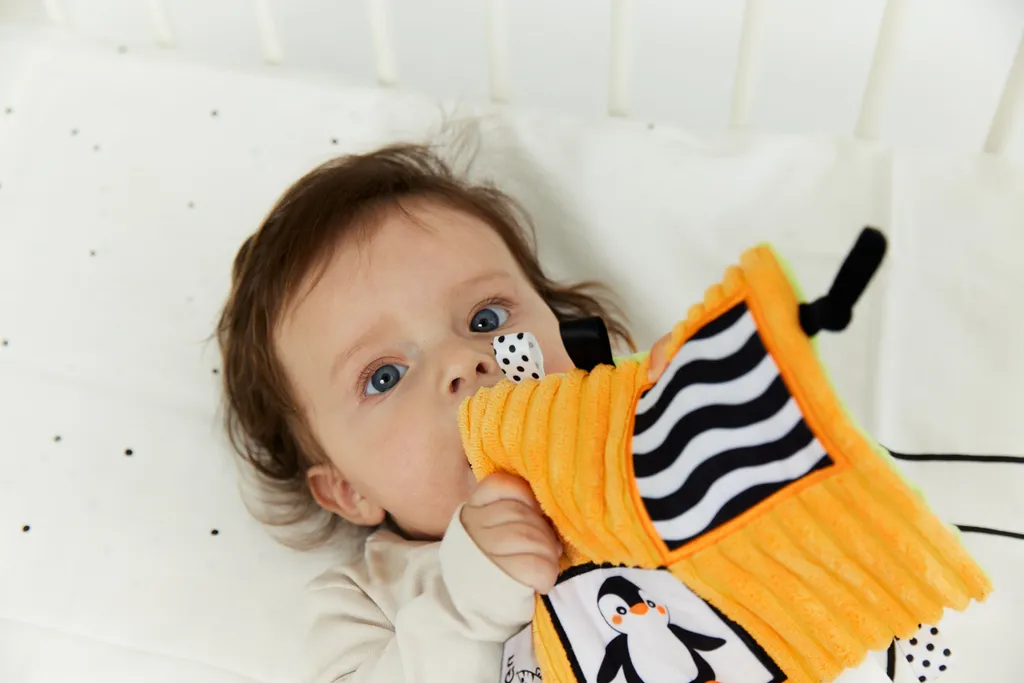 Doudou sensoriel bruissant pour bébé GAGAGU réversible vert orange