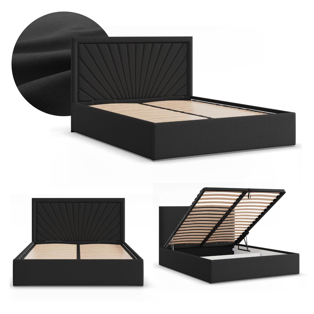 Polsterbett 180x200 cm – Stauraumbett mit Bettkasten hochklappbar, stabiles Doppelbett mit dekorativem Kopfteil Geflecht Schwarz VASTO 180 x 200
