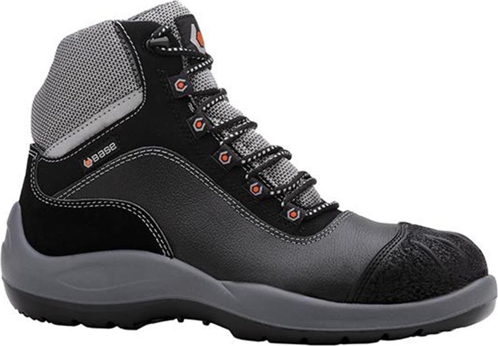 A studio shot of a black and gray work boot.