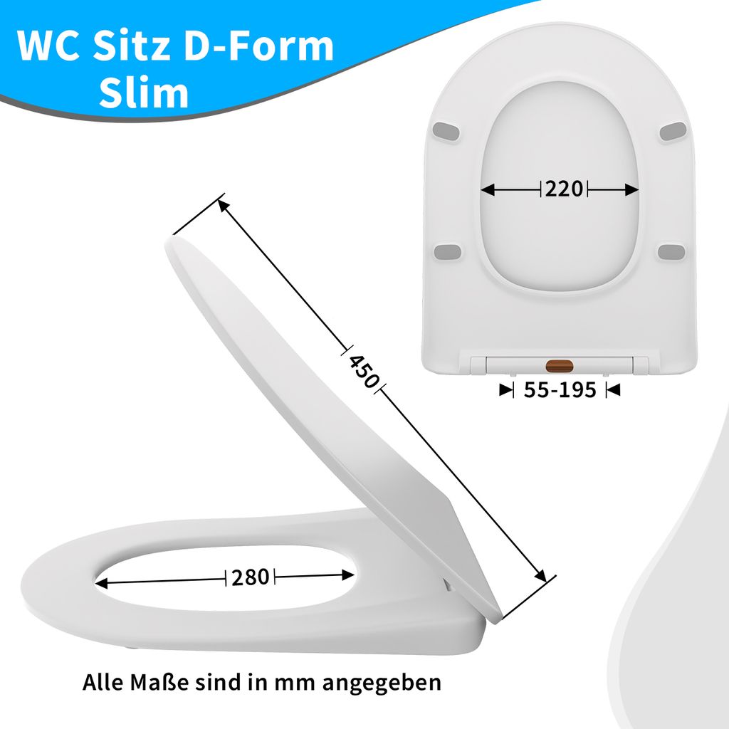 WC Sitz Toilettensitz Klodeckel weiß Absenkautomatik Duroplast Klobrille D-Form 