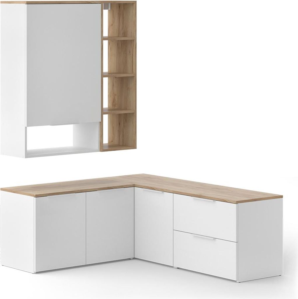 A modular wall unit and a corner cabinet with a wooden countertop, presented against a white background.