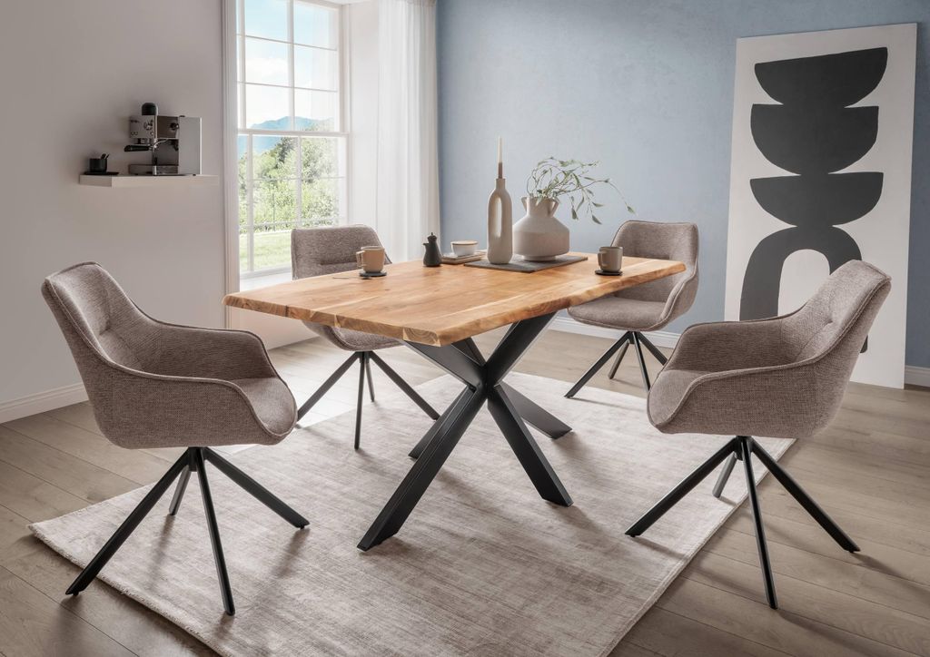 Esszimmer-Set Catania Akazie 160x90 cm mit 4 gepolsterten Sesseln San Carlo beige