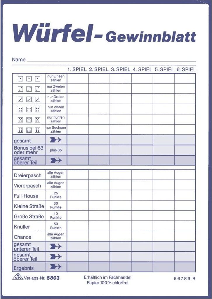 RNK Verlag Jeu de dés Feuille de gain Bloc DIN A6 3 blocs Image du produit 