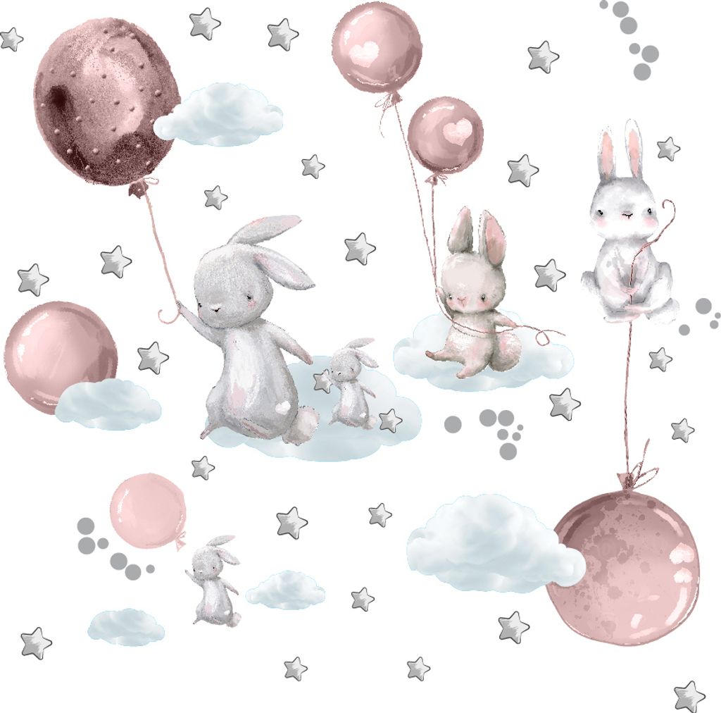 Wandtattoo Häschen, Luftballons, mit umweltfreundlichen, geruchsneutralen Druckfarben - Wandsticker, Wandaufkleber Kinder 100 x 170 cm