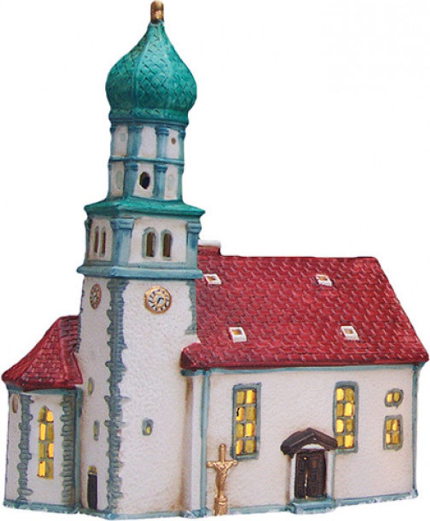 A miniature model of a church building, likely a decorative item or a collectible.