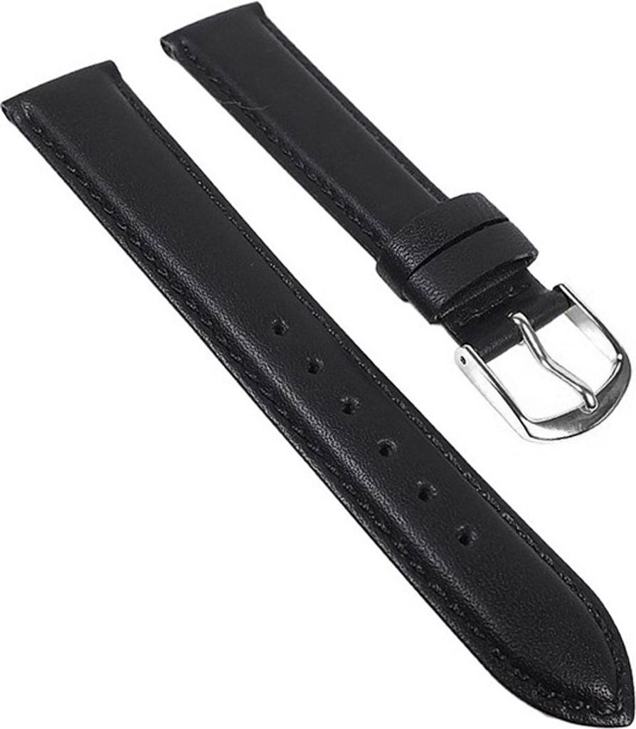 Taurus Uhrenarmband | Kalbsleder schwarz mit Naht, kurze Länge 30122, Stegbreite:14mm, Schließe:Silbern