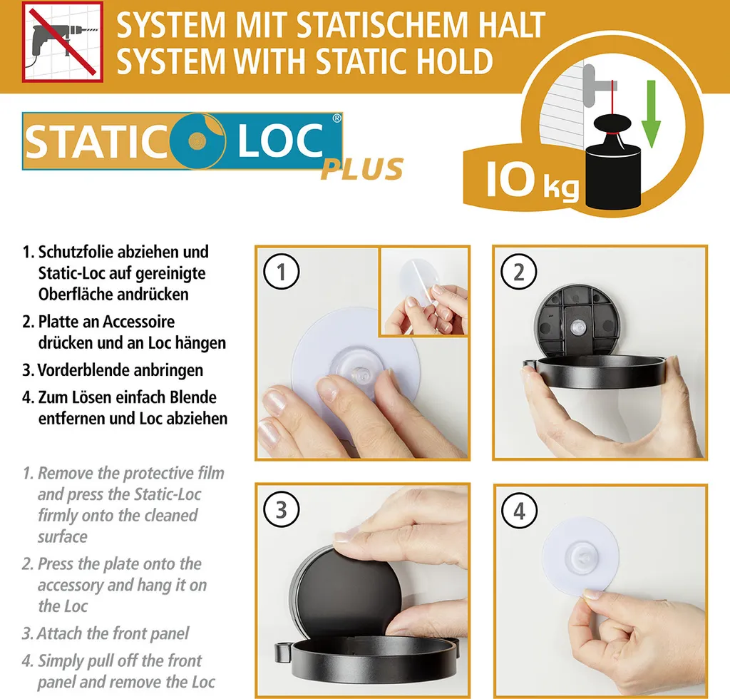 Tablette murale Static-Loc® Plus Pavia noire Wenko fixation sans trou - 6