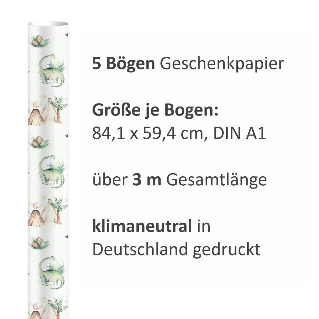 5 Bögen Geschenkpapier Dinosaurier grün - 1,60€/qm - 84,1 x Produktbild 3