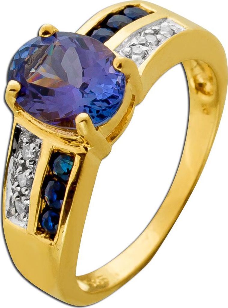 Saphirring Gold 585 14K blauer Tansanit Edelstein Diamanten 0.06ct 16