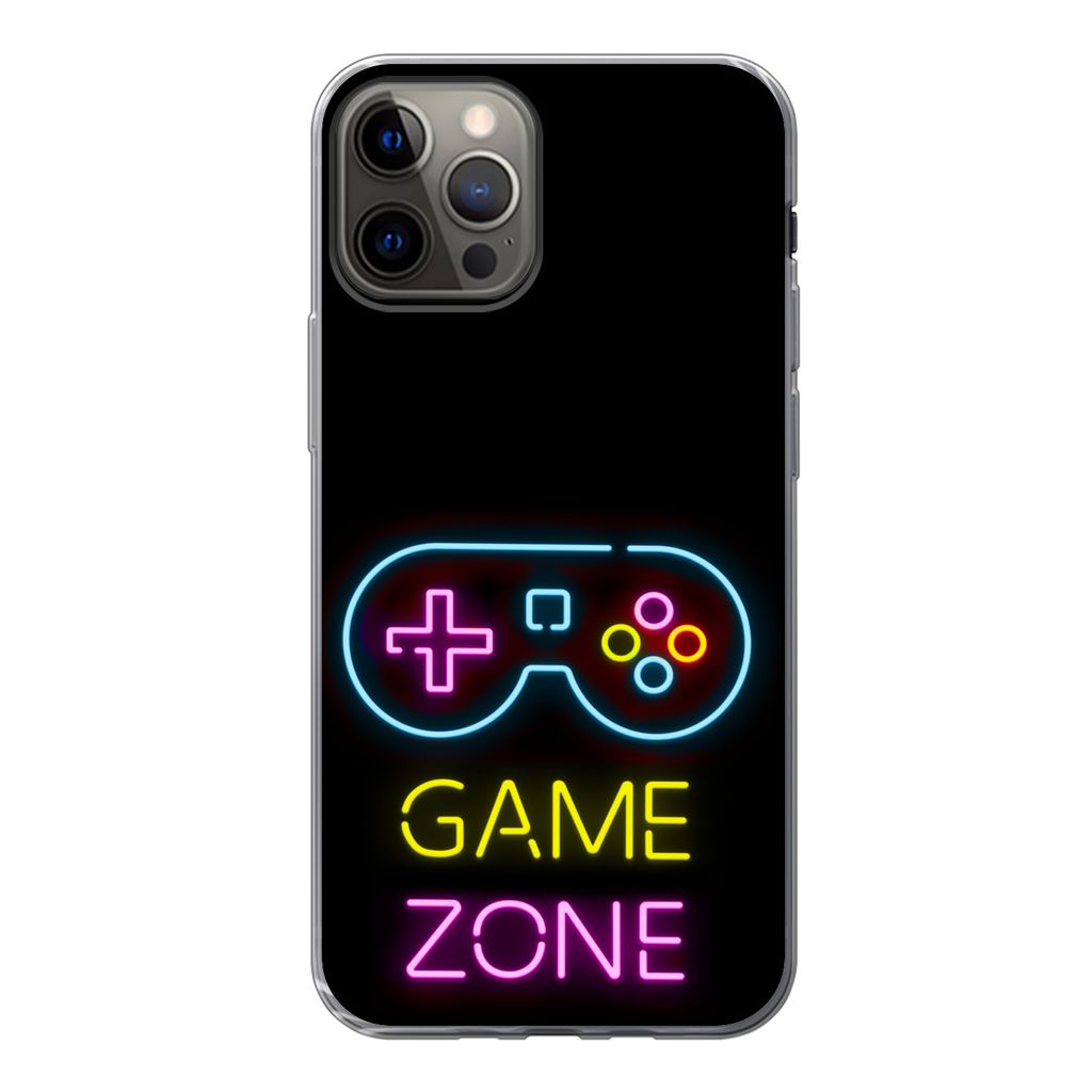 MuchoWow Handyhülle Schutzhülle Hülle für iPhone 12 Pro Controller - Spiel - Neon - Schwarz - Zitate - Spielzone Silikon Softcase Handy Hüll...
