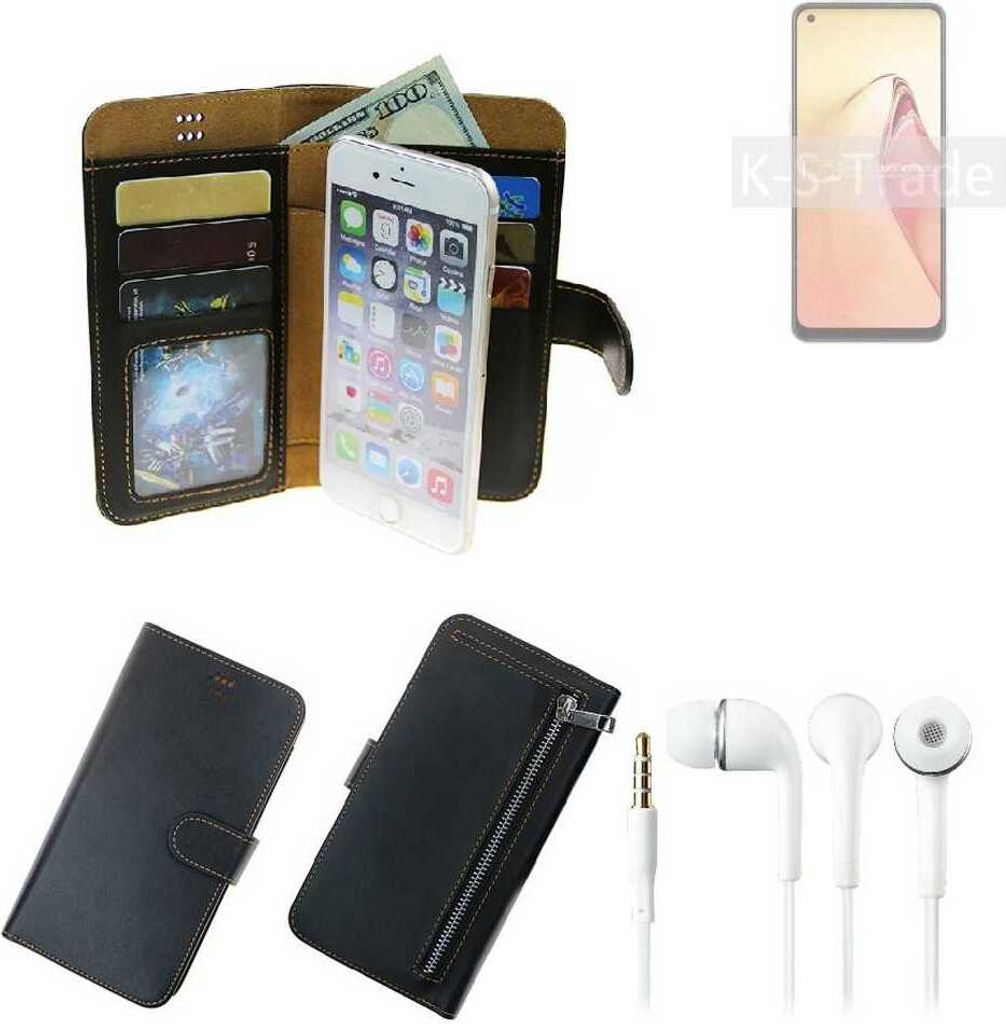 TOP SET Handy Hülle Schutz Hülle kompatibel mit Oppo Reno8 schwarz aus Kunstleder + Kopfhörer Smartphone Tasche vollwertige Geldbörse