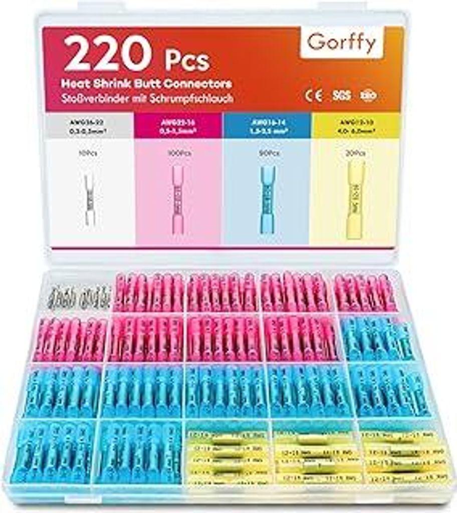 Stoßverbinder 220 Stück, 26-10 AWG Schrumpfverbinder Wasserdicht, Kabelschuhe Quetschverbinder Set, Stossverbinder mit Schrumpfschlauch, Kabelver...