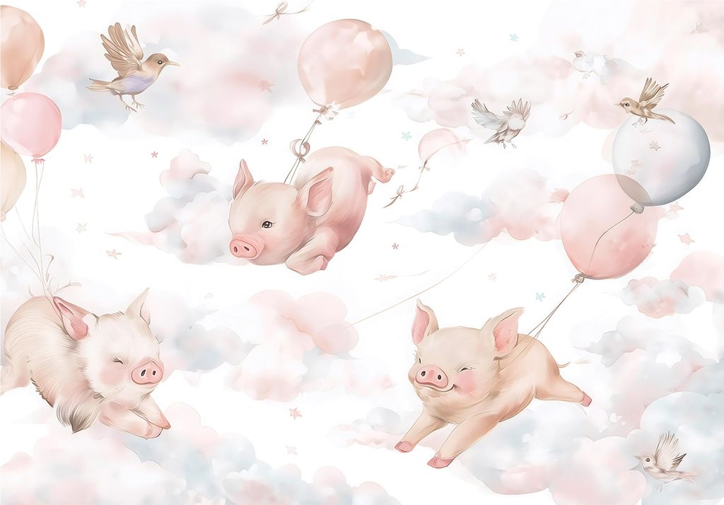 Fototapete Tiere Wolken Schweinchen - 300x210 cm - Vliestapete Kinderzimmer - Vlies Fototapete Rosa - 15952VX6