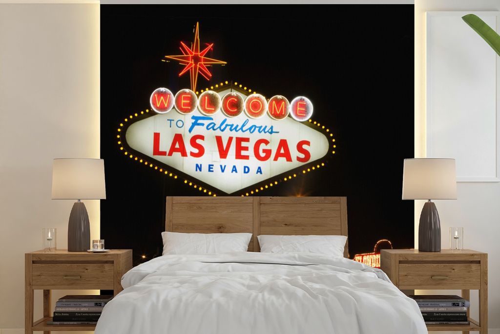 MuchoWow Fototapete für Wohnzimmer oder Schlafzimmer Wandtapete Vinyl Motivtapete Willkommensschild Las Vegas bei Nacht - 240x240 cm - Schlafzim...
