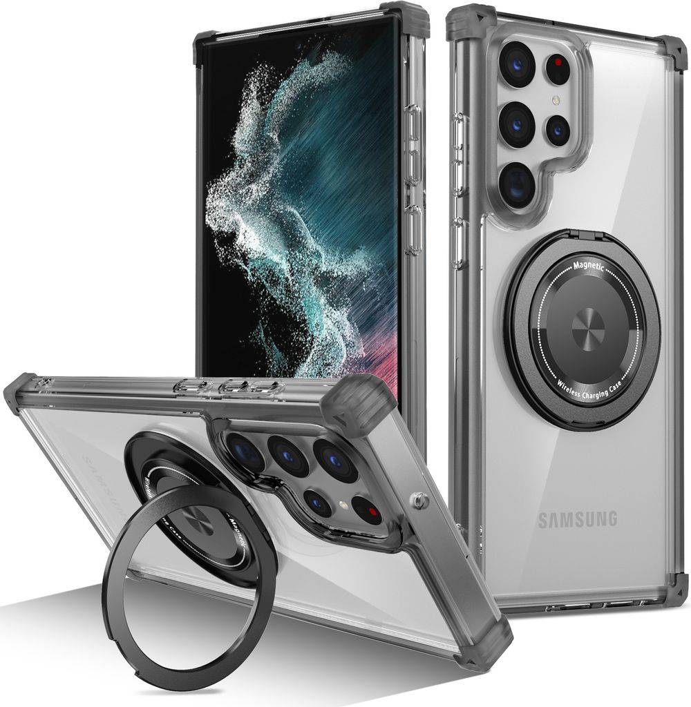 Handyhülle für Samsung Galaxy S22 Ultra 5G Magnetisches Ringhalter Ständer Kompatibel mit Magsafe Militärschutz Transparente Hülle Schwarz