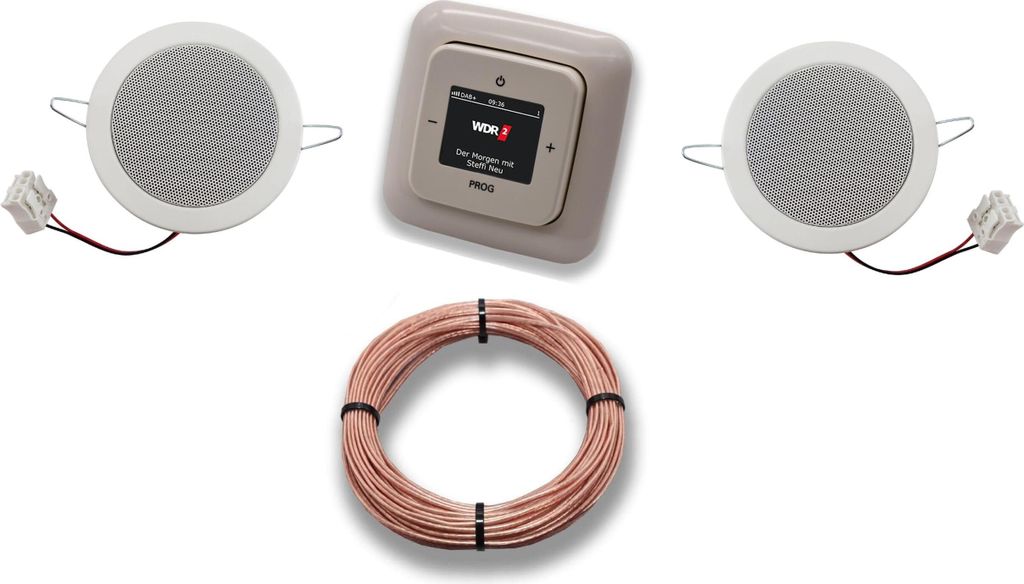 Busch Jäger DAB+ (DAB PLUS) Unterputz Radio 8215U-101 DURO2000 cremeweiß, Komplett-Set mit 2 x Deckenlautsprecher Einbaulautsprecher + 20 Meter L...