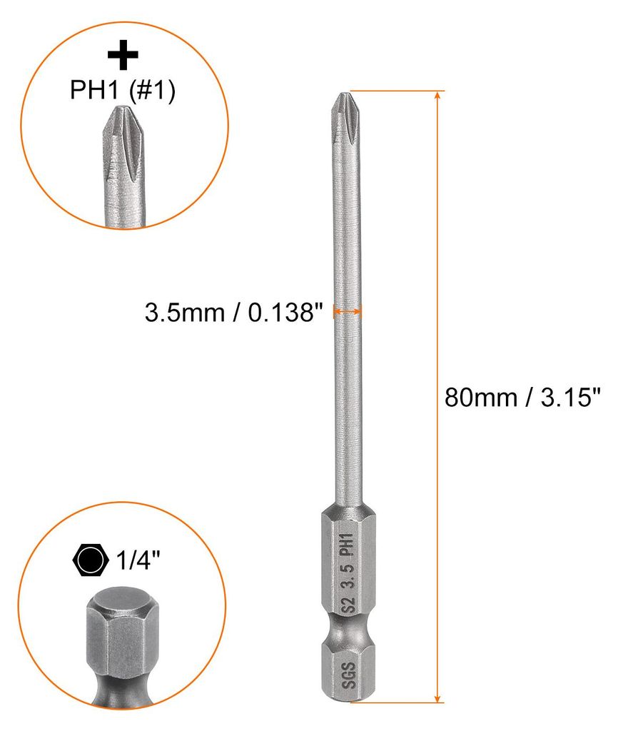 PH1 Phillips Schraubendreher Bit Set mit 1/4" Sechskantschaft, 3.5mm Stab 80mm Lang Magnetische Kreuzkopf Bitsatz S2 Stahl Bohrer Elektrowerkzeug f...