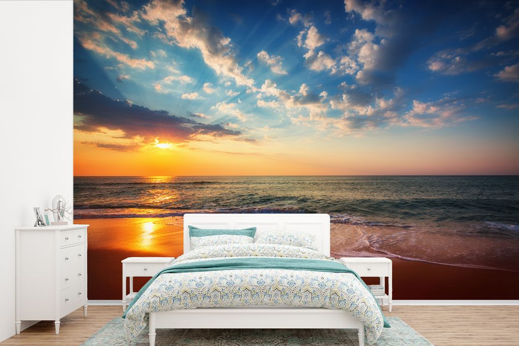 MuchoWow Fototapete für Wohnzimmer oder Schlafzimmer Wandtapete Vinyl Motivtapete Sonnenuntergang - Strand - Meer - 360x240 cm - Vinyl-Tapete