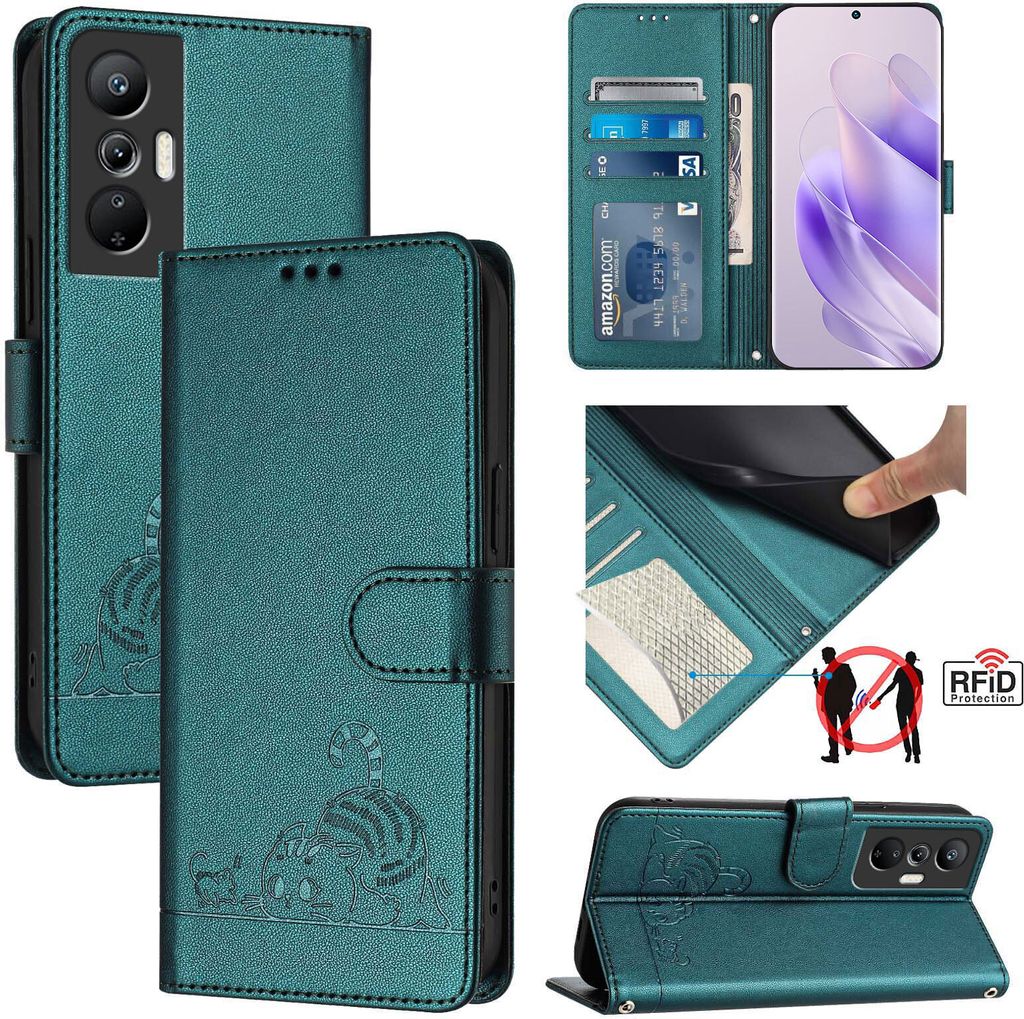 Leder Hülle für Infinix Hot 20S /Hot 20 Pro Süße Katze Flip Case Brieftasche Schutzhülle mit Standfunktion Grün