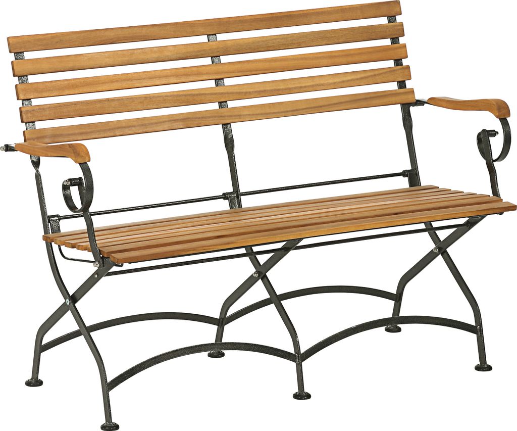 A wooden and metal garden bench on a white background.