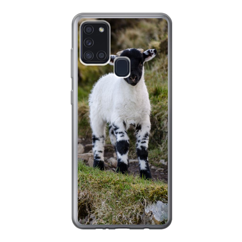 MuchoWow Handyhülle Schutzhülle Hülle für Samsung Galaxy A21s Lamm - Schwarz - Weiß - Tupfen Silikon Softcase Handy Hülle - Hartschale