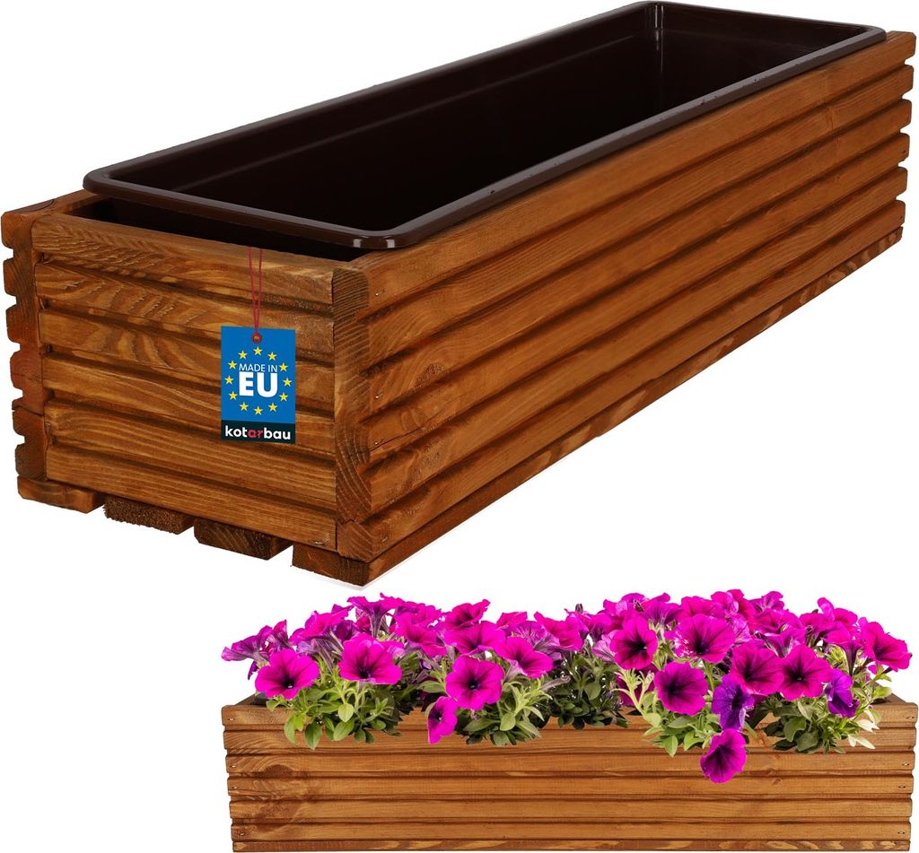 A collage showing a wooden planter box with a plastic insert, and another planter box filled with purple flowers.