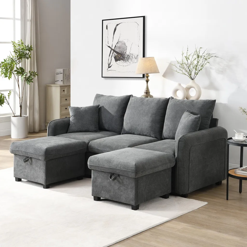 Canapé convertible en chenille avec rangement et pouf modulable Sweiko - 18