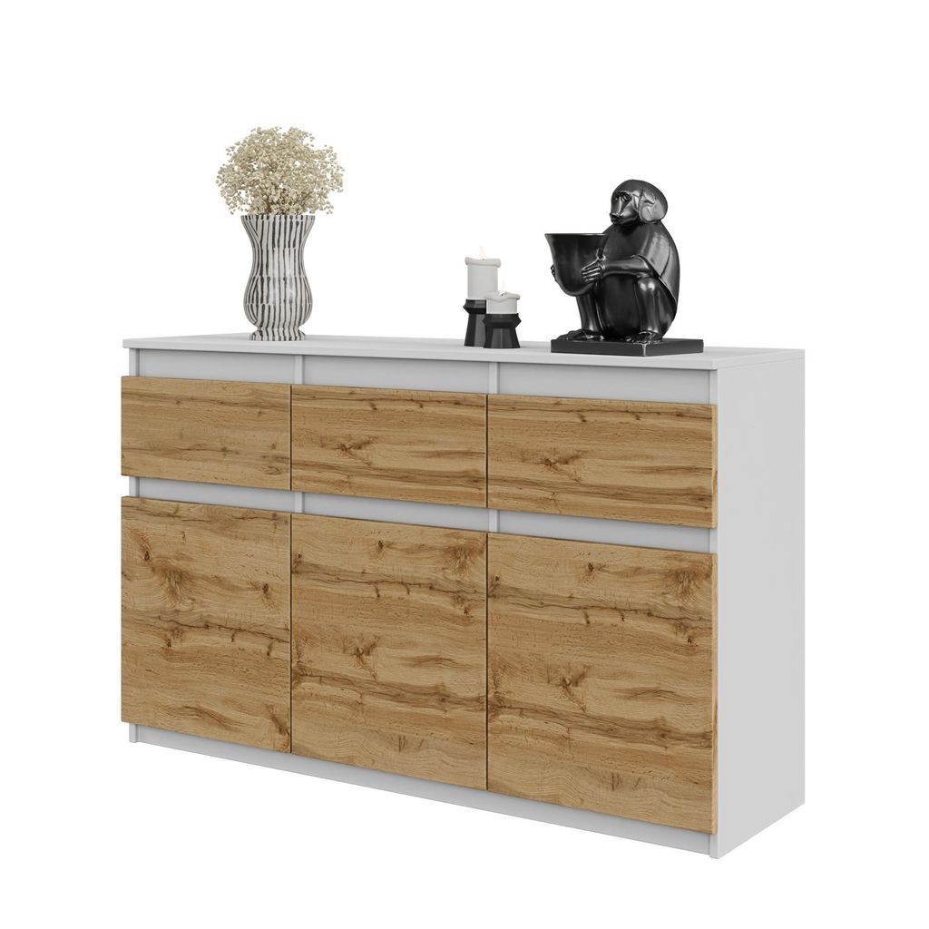 NOAH – Kommode / Sideboard mit 3 Schubladen und 3 Türen – Weiß Matt / Wotan Eiche – Höhe 75 cm, Breite 120 cm, Tiefe 35 cm