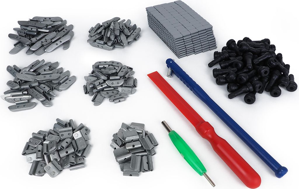 Weber Wuchtmaschinen Starterpaket mit Gewichten 5g bis 30g, Ventilen und Kunststoffschaber Auswuchtgewicht Wuchtgewichte Schlaggewichte Klebegewichte