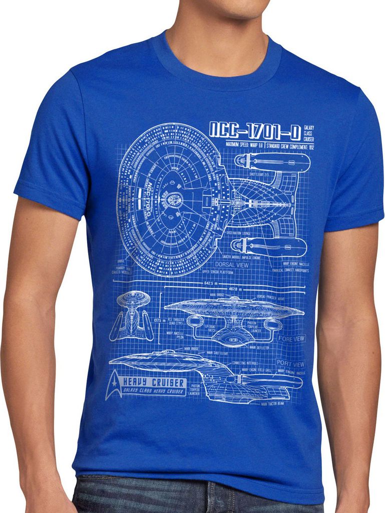 style3 NCC-1701-D Blaupause T-Shirt Herren trek trekkie star, Größe:4XL, Farbe:Blau