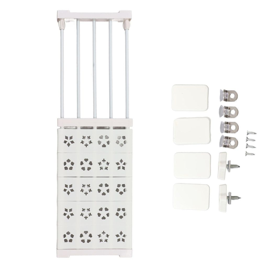 A white adjustable tension rod shelf unit with decorative cutouts and a set of mounting accessories.