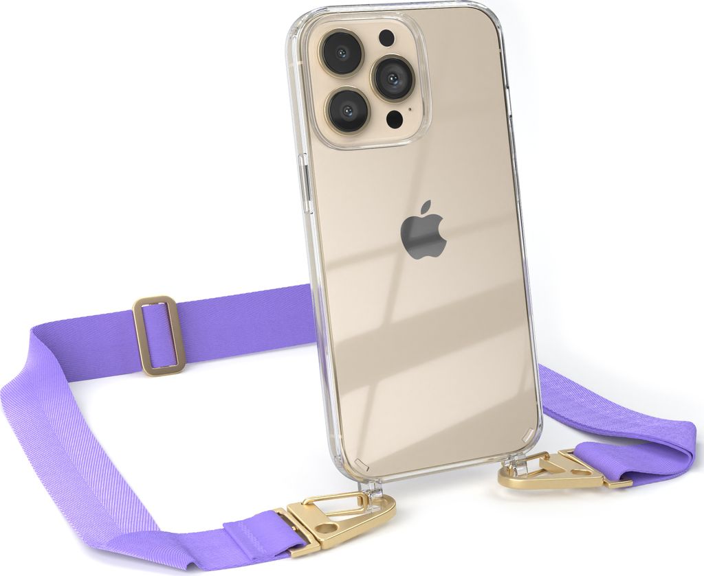 EAZY CASE - Hülle mit Band für Apple iPhone 13 Pro, Handyhülle mit Umhängeband, Silikonhülle transparent, Handykette in Violett