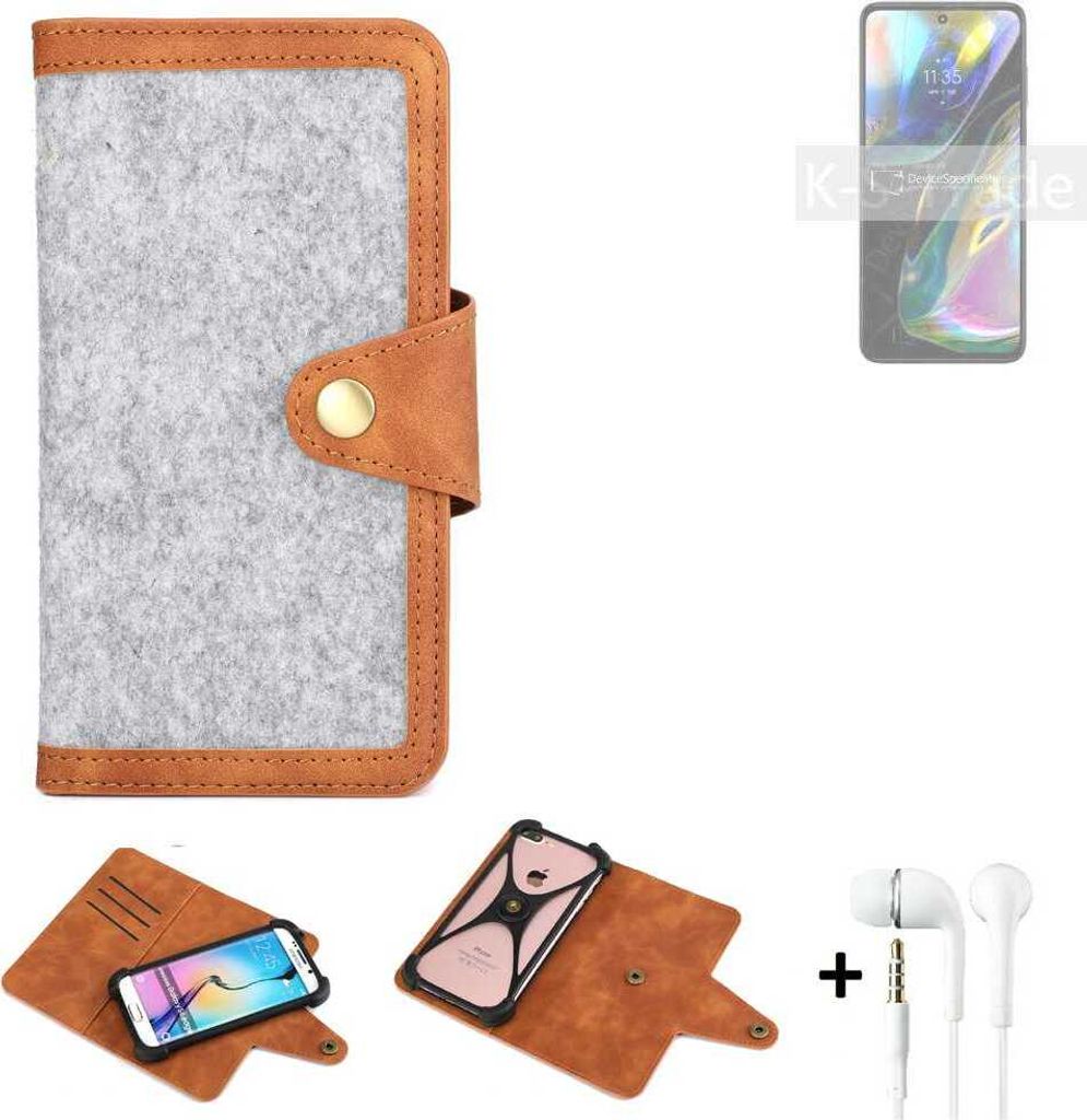 K-S-Trade Handyhülle + Kopfhörer kompatibel mit Motorola Moto G71s Schutzhülle Filz Hülle Kunstleder hellgrau braun (1x)