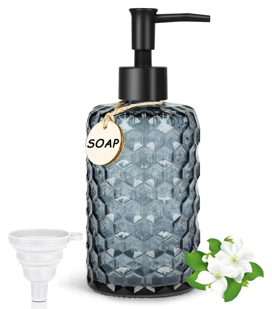 Flacon pompe savon liquide en verre alvéolé bleu 500ml pour salle de bain