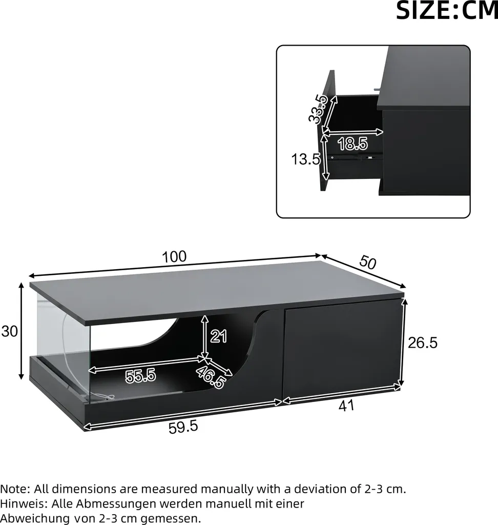 Table basse LED noire avec 2 tiroirs de rangement et finition laquée