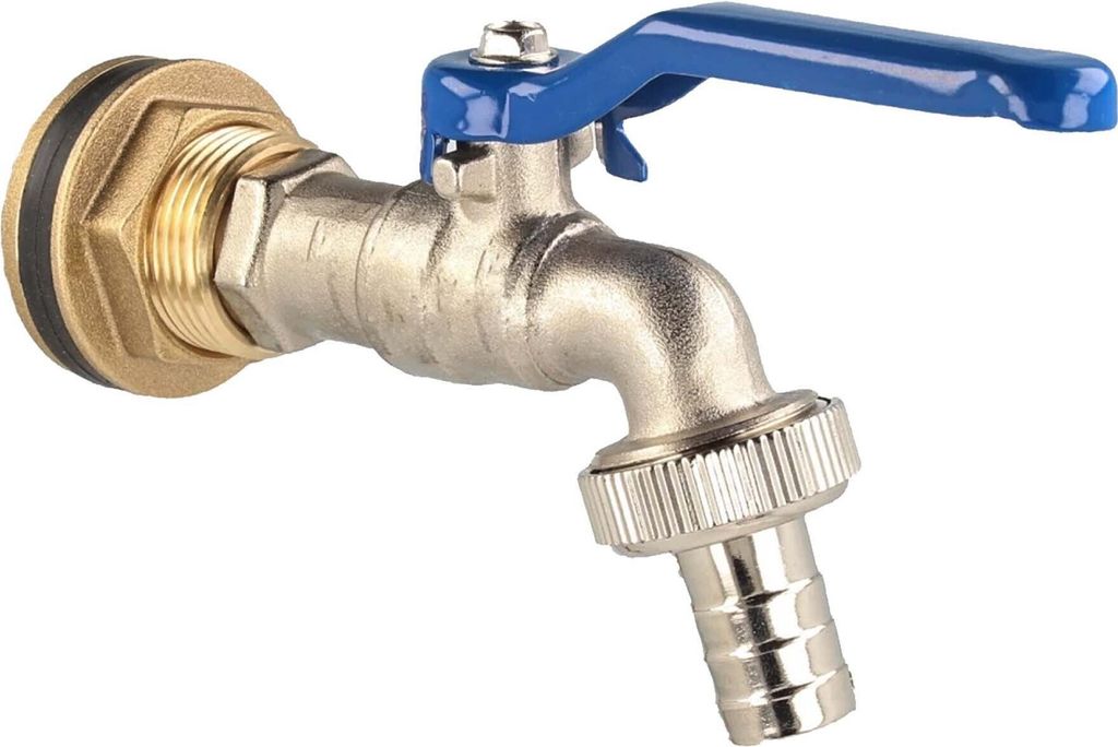 A close-up studio shot of a brass tap with a blue handle and a hose connector.
