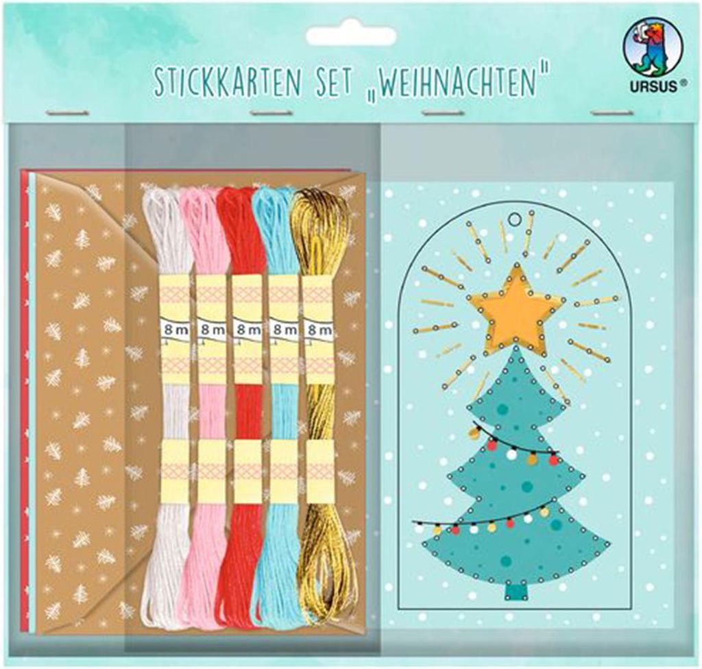 URSUS Stickkarten Set „Weihnachten“, 8 Stück, DIN A6, Stick-Set für Kinder, Mehrfarbig