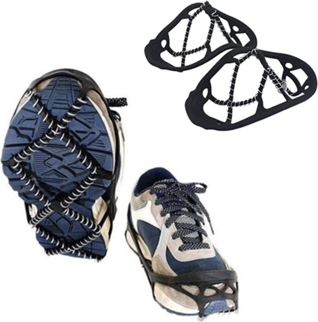 A collage of ice cleats attached to shoes and a pair of ice cleats shown separately.