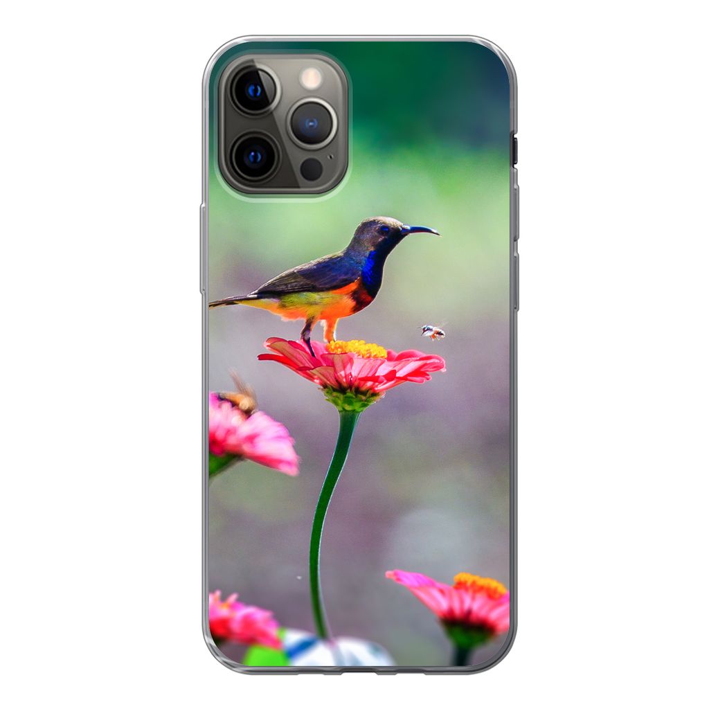MuchoWow Handyhülle Schutzhülle Hülle für iPhone 13 Pro Nahaufnahme eines Kolibris auf rosa Blüten Silikon Softcase Handy Hülle - Handy-Tasche