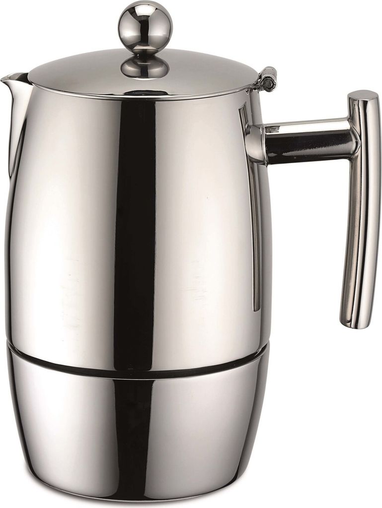 A silver, stainless steel stovetop espresso maker is shown against a white background.