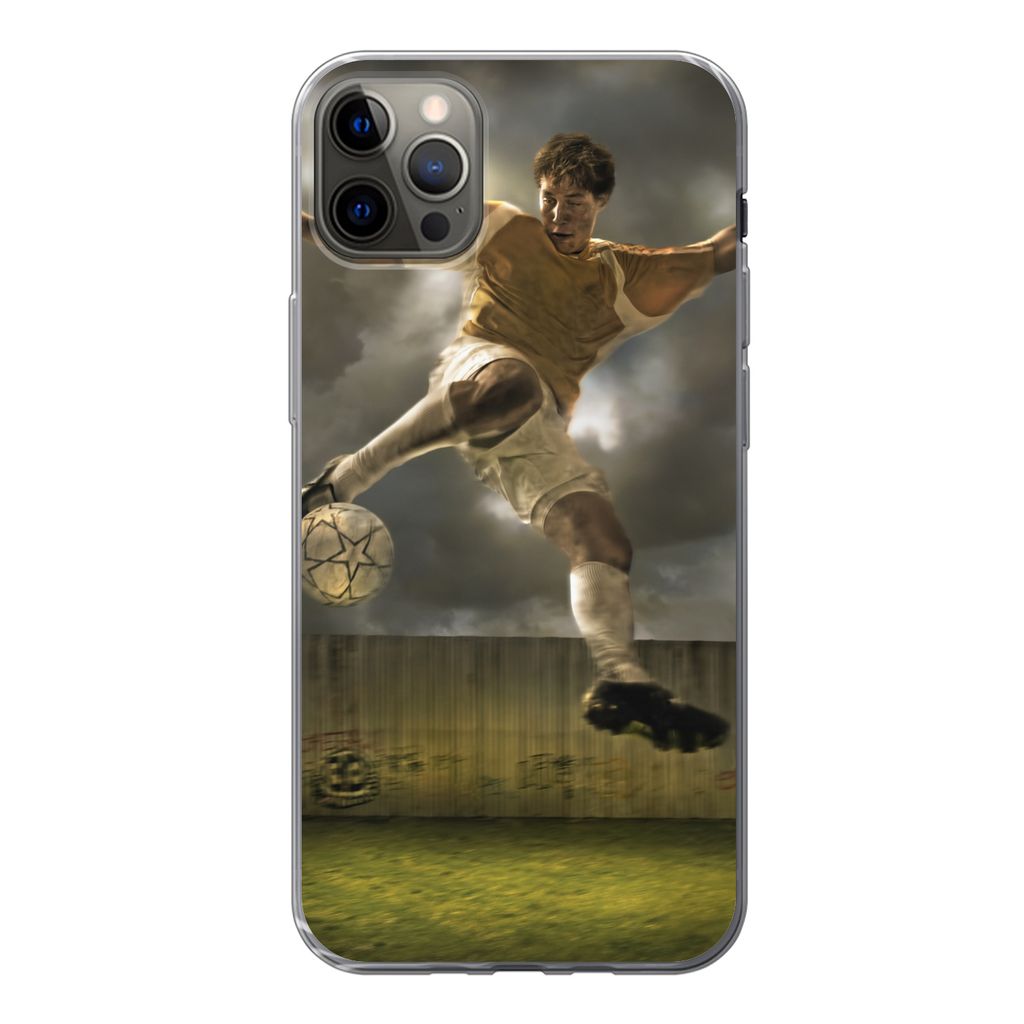 MuchoWow Handyhülle Schutzhülle Hülle für iPhone 12 Pro Max Eine Illustration eines Fußballspielers, der den Ball schießt - Jungen - Kinder...