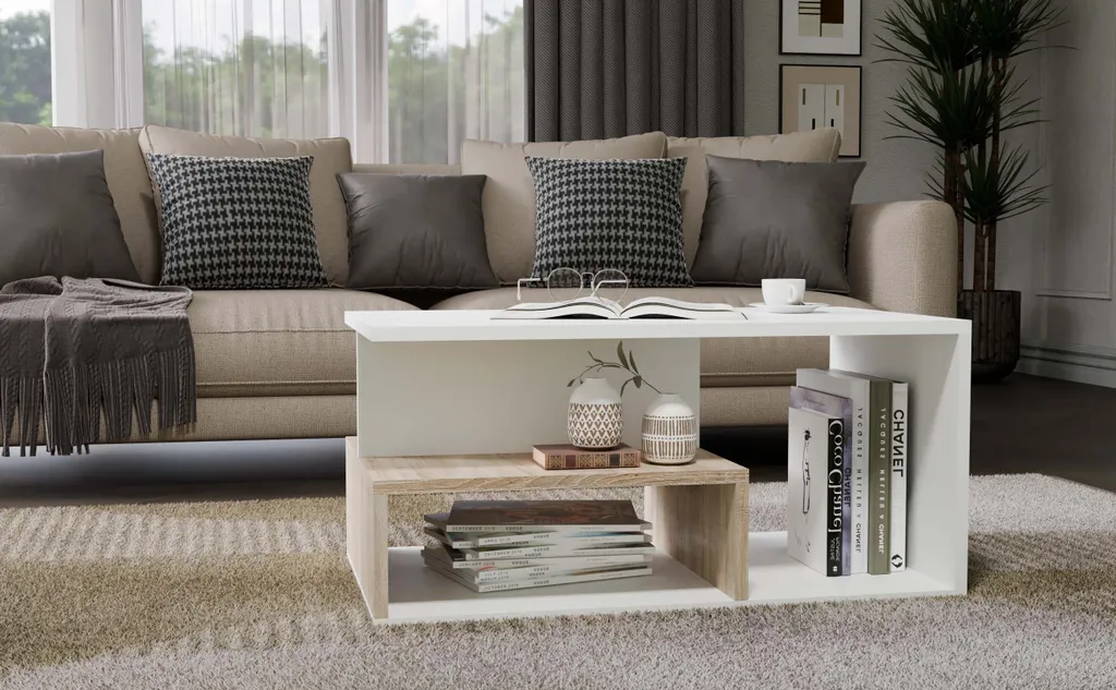 Table basse LIHUA 100cm chêne sonoma robuste avec finitions blanches - 4