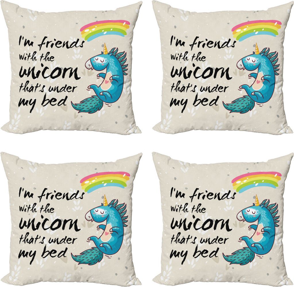 ABAKUHAUS Karikatur Kissenbezug Set (4 Stück), Dreamer Pony, Moderner Doppelseitiger Digitaldruck, 40 cm x 40 cm, Creme Blau Schwarz