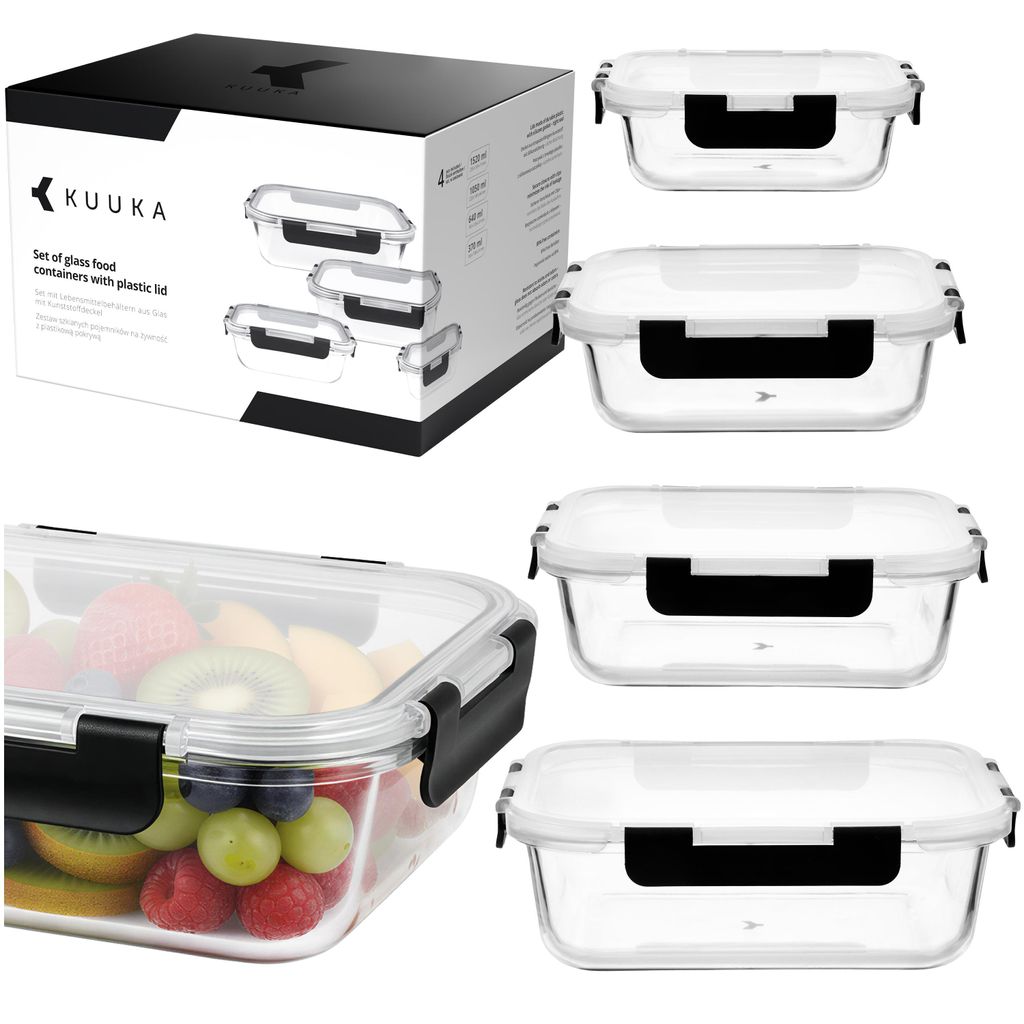 A set of glass food containers with plastic lids is displayed, along with their packaging.