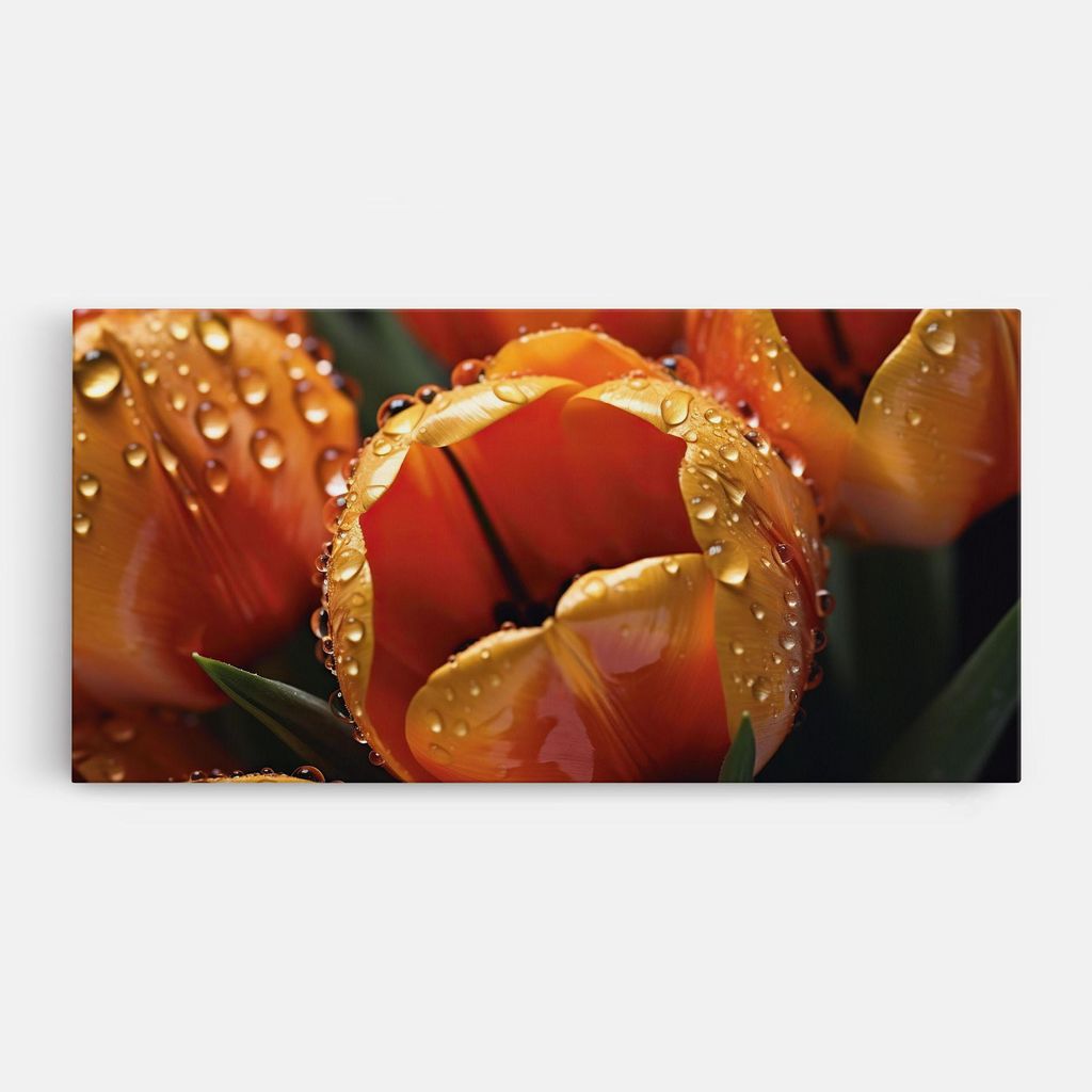 ARTHUB Leinwandbild 40x80 cm, Orange Tulip Water Drops | Wohnzimmerdekoration, Hängende Bilder, Wanddekoration, Heimdekoration, Blumen, Tulpen
