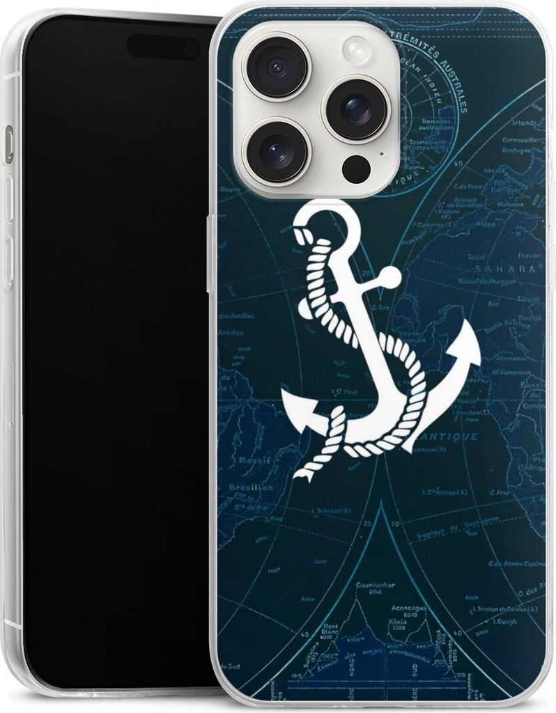 DeinDesign Slim Hülle für Apple iPhone 15 Pro Max Silikon Case Ultra Dünn Handyhülle Anker Landkarte Segeln