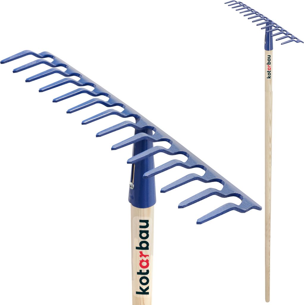 KOTARBAU Laubrechen 38 cm Metall Rechen für Gras & Laub mit Holzstiel 142 cm Gartenrechen Rasenrechen mit 14 Zinken Stahl Marineblau