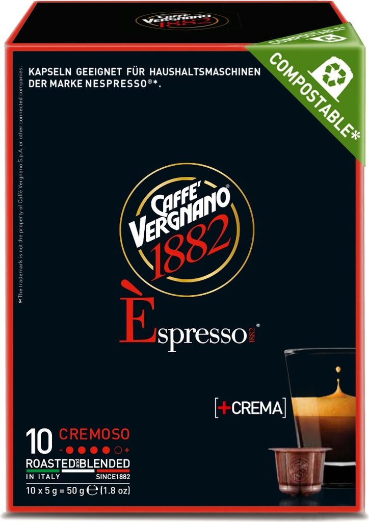 Caffè Vergnano 1882 Èspresso Cremoso + Crema | 10 voll kompostierbare Nespresso komp. Kapseln