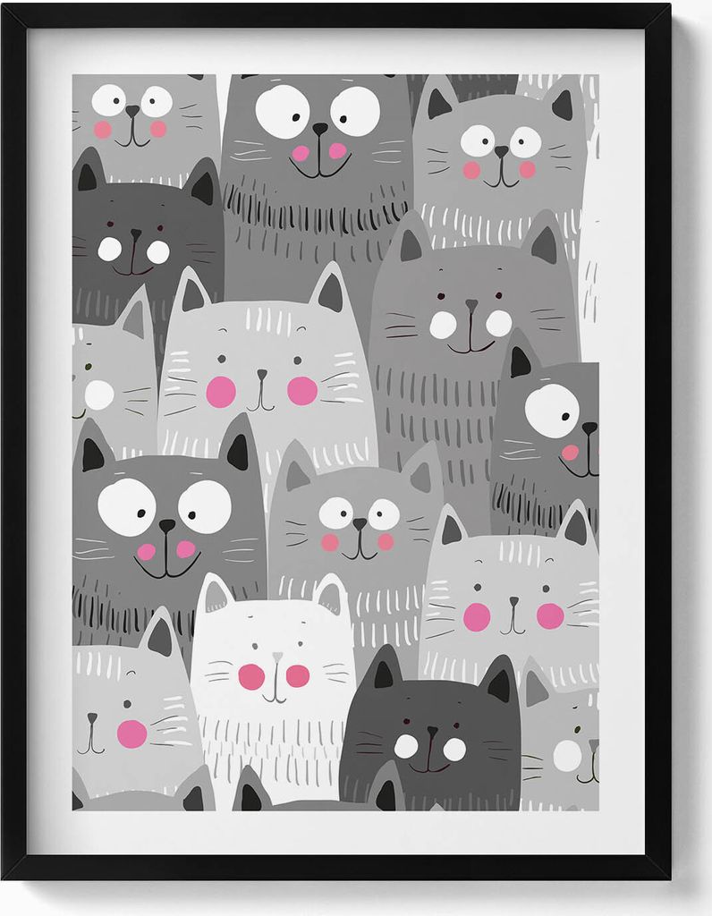 Muster mit Katzen– Wandbild mit Rahmen – Gerahmtes Bild – Wanddekoration – 60x80 cm – Schwarz Rahmen