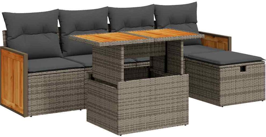 vidaXL 6-tlg. Garten-Sofagarnitur mit Kissen Grau Poly Rattan